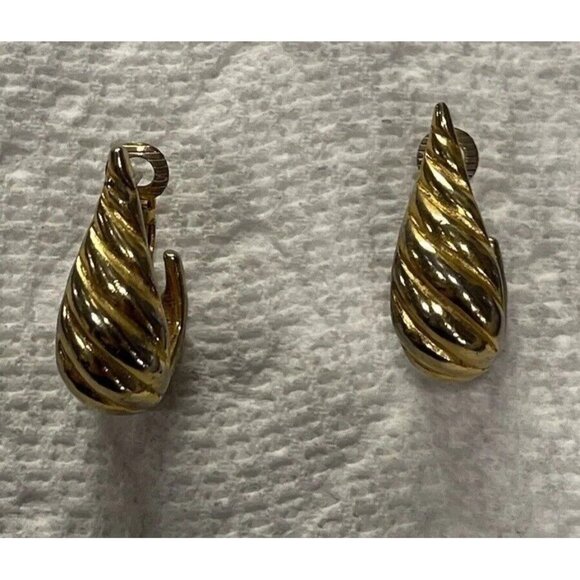 TANCER II Earrings Gold Spiral Shell Posts Hinged Clip On Huggies Hoops Vtg 1970 - Picture 1 of 5